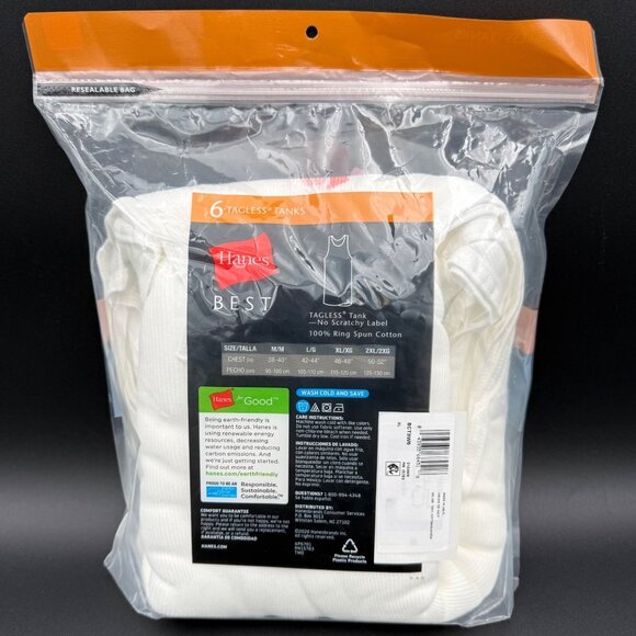 Hanes Best 6 Pack Tanks Mens Tagless White XL 100% Ring Spun Cotton Tank Top - Picture 2 of 3